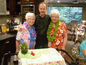 Past Resident of the Yea Maxine, Chef Graime, Present Resident of the Year Tillie! Beautiful Hawaiian Themed Pineapple Cake to complete our Hawaiian Themed Celebration!